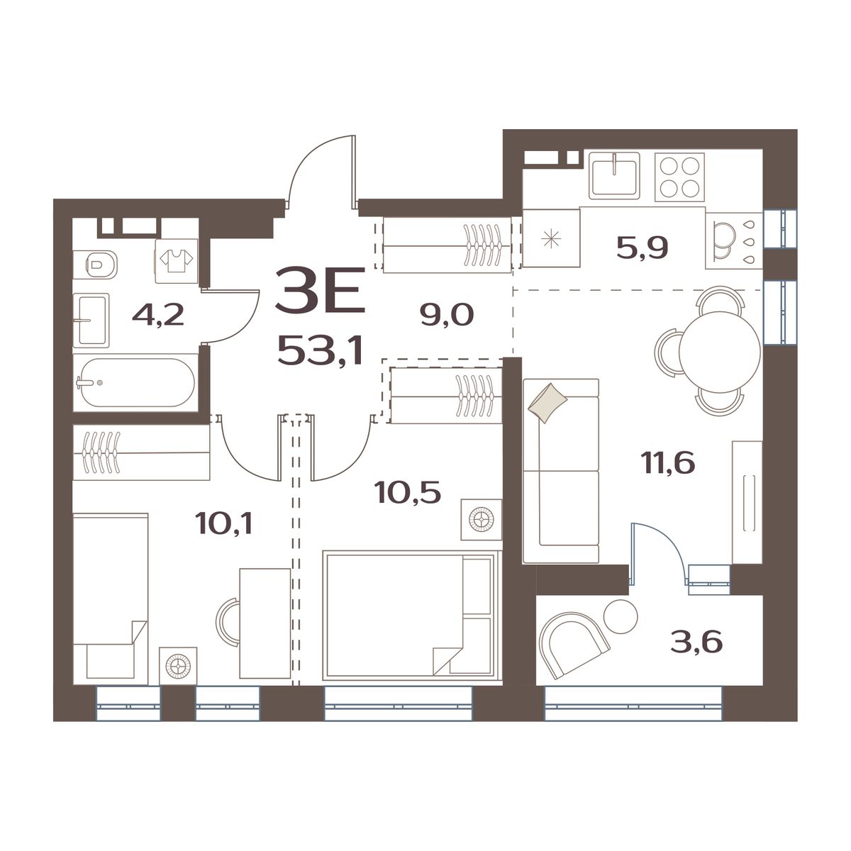 ЖК Меридианы Улисса, 2-комн кв 53,1 м2, за 7 821 000 ₽, 3 этаж